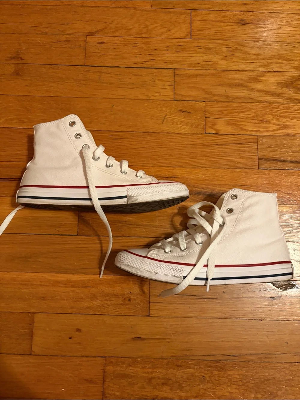 Kids White High-Top Canvas Sneakers with Red & Blue Stripe